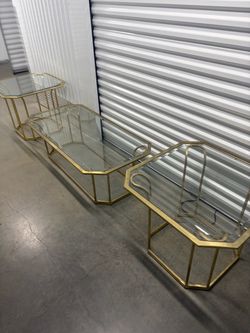 Gold Metal and Glass Coffee Table Set