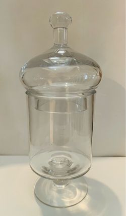 Pretty and vintage large lidded apothecary jar with pedestal base. Substantial weight