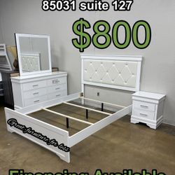 4 Pcs Queen Size Bedroom Set White Include Bed Frame Dresser Mirror And Night and Brand New