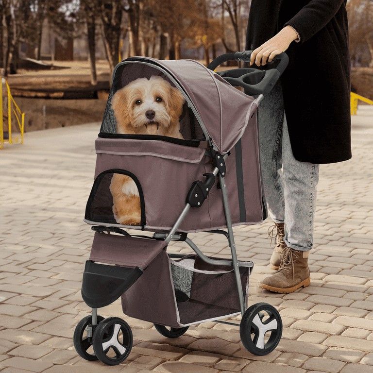 MoNiBloom Foldable Pet Stroller with Weather Cover, 3 Wheels Pet Strolling Cart for Small/Medium Dogs and Cats with Storage Basket and Cup Holder, Cof