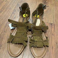 Minnetonka Suede Leather Fringe Wedge Gladiator Sandals Brown size 9