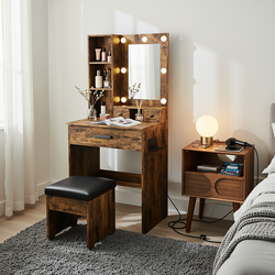 Homy Casa Ariadne 2PC Bedroom Vanity Set with Lighted Mirror, Storage Desk & Nightstand in Walnut Brown & Vintage Finish Open Box
