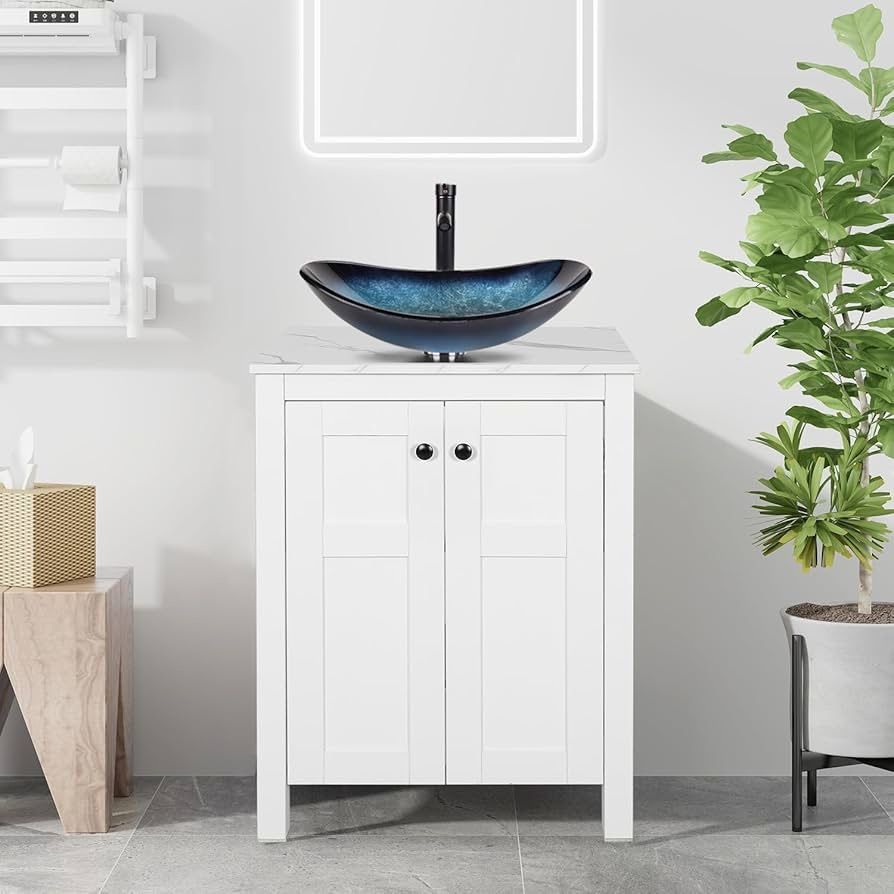 1621e 24 Inch White Bathroom Vanity with Marble Texture Top, Traditional Standing Pedestal Cabinet with Blue Boat Glass Sink