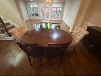 Pier 1 Dining Table Set – Includes 4 Wood Chairs & 2 Upholstered Accent Chairs