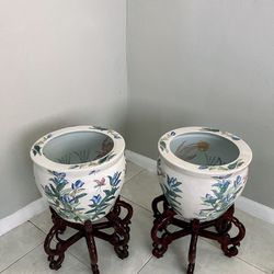 Vintage Asian Fish Bowl Floral Planter Pot