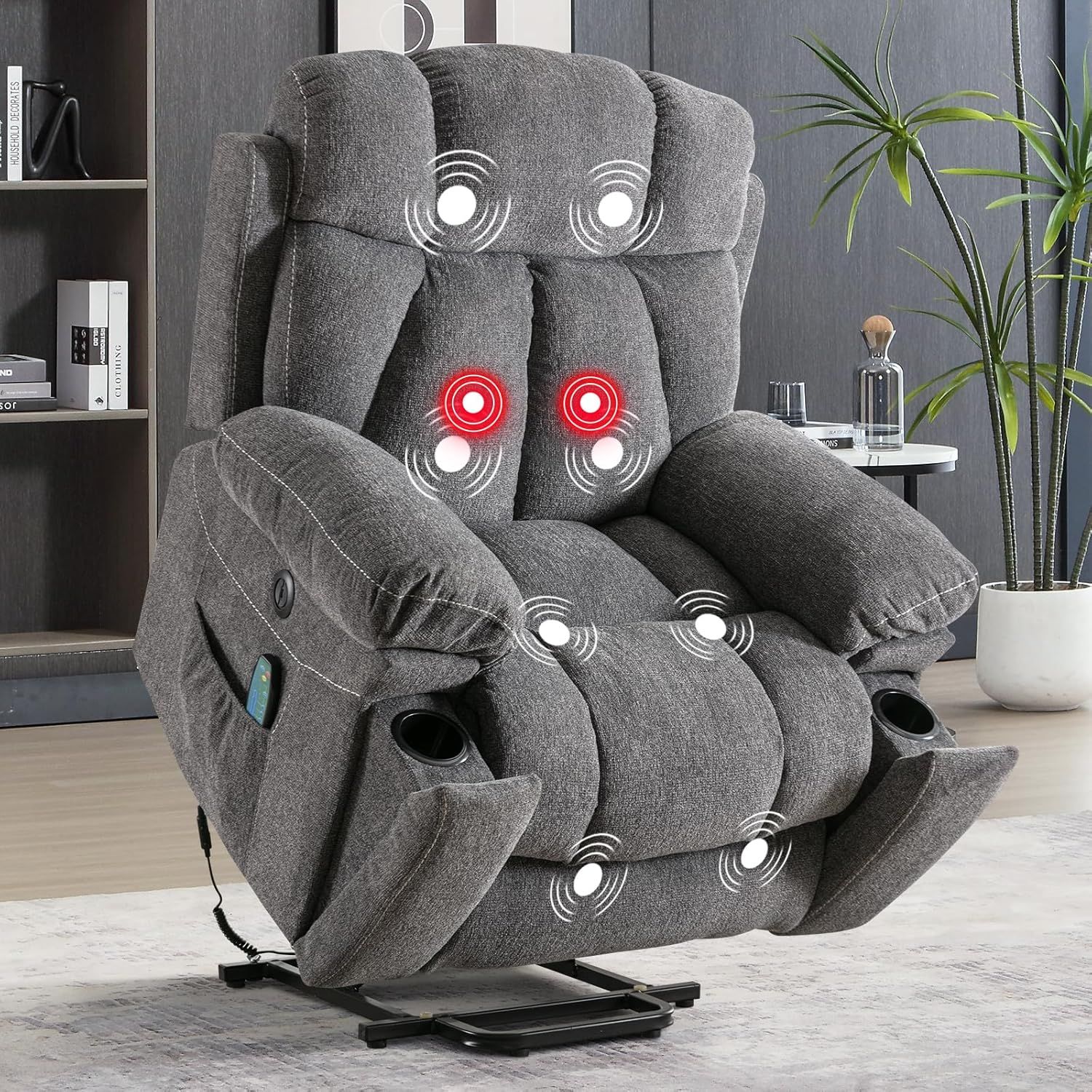 Phoenix Home Large Power Lift Recliner Chair with Massage and Heat for Elderly, Overstuffed Wide Recliners with 2 Cup Holders, Side Pocket and USB Por