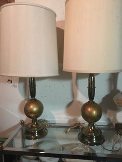 Antique cracked glass bronze colored lamp pair