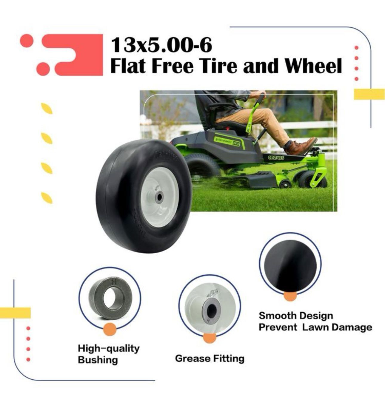 13x5 6 Flat Free Lawn Mower- Tractor Wheels And Ties