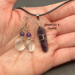Amethyst Genuine Stone Pendant & Amethyst with Quartz Earrings Set