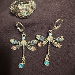 Unique Dragonfly Earrings And Ring Set