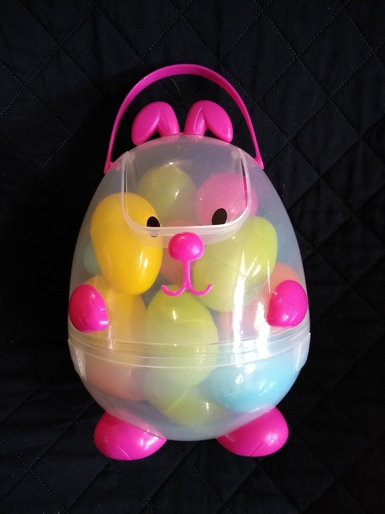 Cute pink Easter "puppy" with eggs
