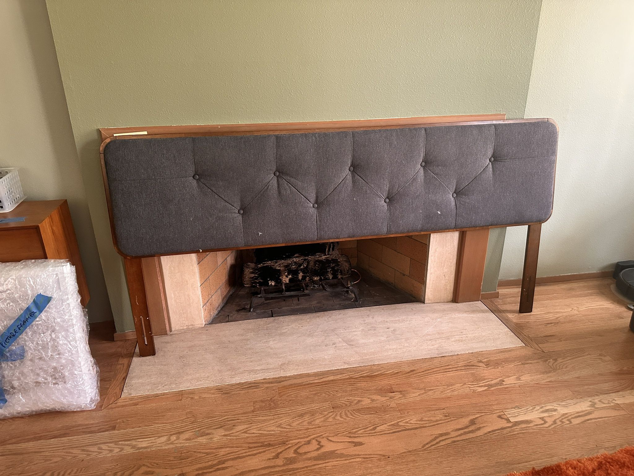 King sized MCM Fabric and Walnut headboard