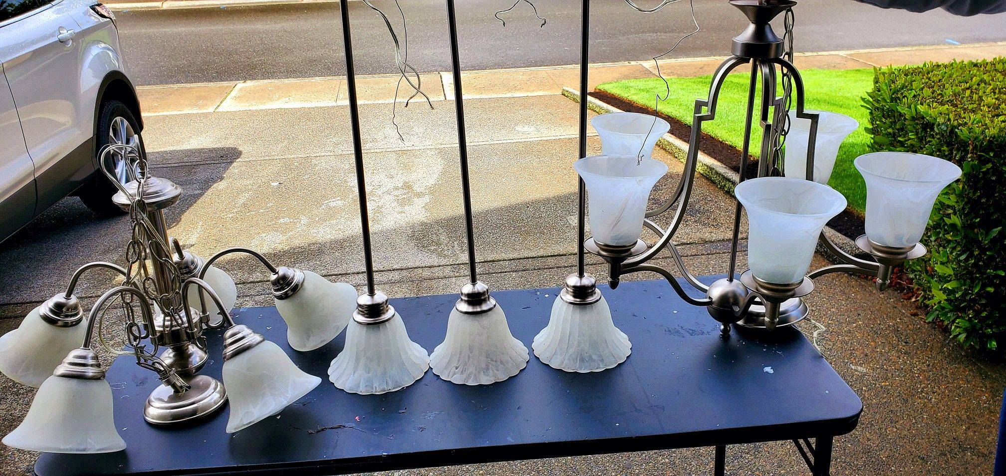 Light Set 2- 5 light chandeliers & 3 Pendant lights. Excellent Condition