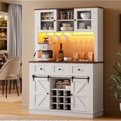 new-72-Inch Tall Coffee Bar Cabinet with Storage, Kitchen Hutch featuring Power Outlet and LED Lighting, 3-Drawer Tall Bar Cabinet  Farmhou