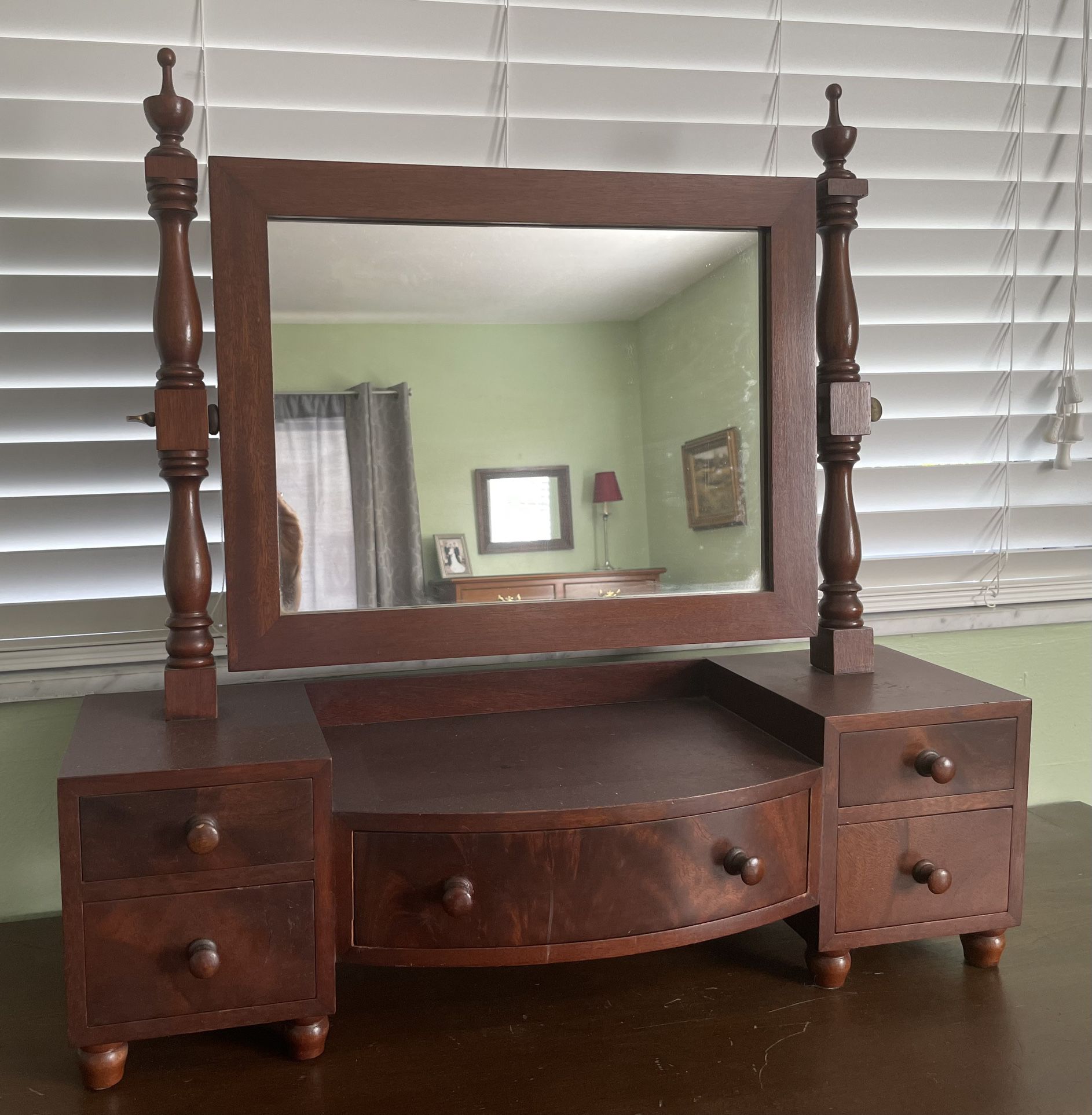 Antique Flame Mahogany Federal Dresser Top Shaving Stand With Tilting Mirror and Drawers