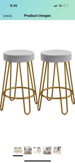 Round Kitchen Counter Stool Home Bar Height Stools with Golden Hairpin Legs Upholstered Velvet Seat for Kitchen/Dining Room Gray, Set of 2 (Package 1)