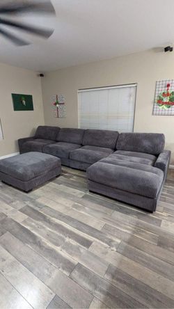 Charcoal Corduroy Chaise Sectional Sofa with Ottoman - New