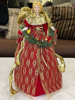 Decorative red and gold fabric Christmas tree topper angel. 16”