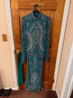 ✨ Teal & Silver Fully Beaded Long-Sleeve Formal Gown ✨