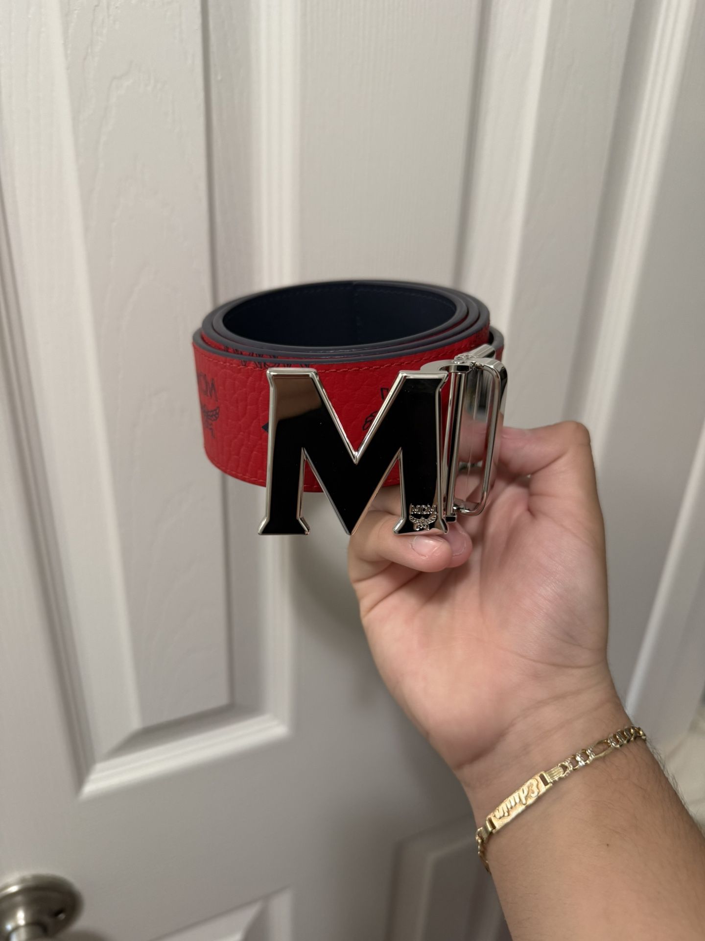 MCM BELT RED AND NAVY BLUE