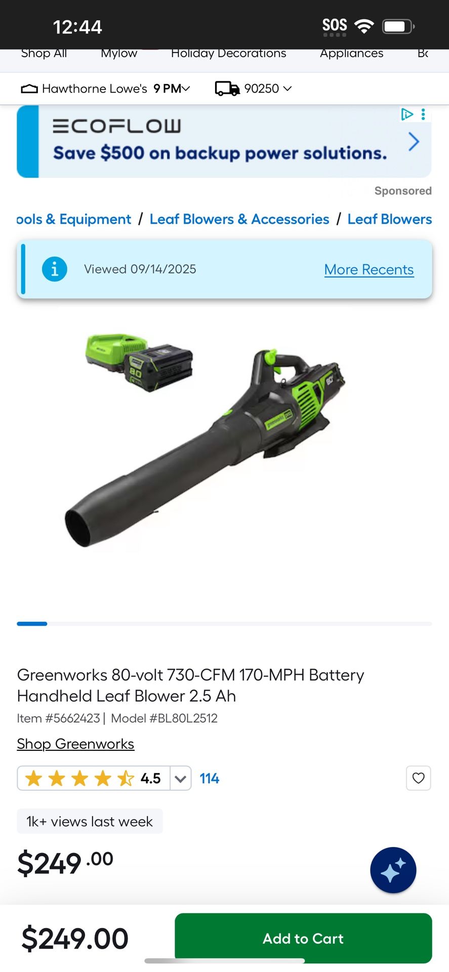 Greenworks 80-volt 730-CFM 170-MPH Battery Handheld Leaf Blower 2.5 Ah