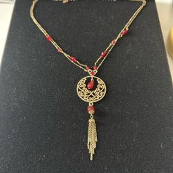 Cookie Lee Gold Tone Red Beaded Tassel Pendant Statement Necklace