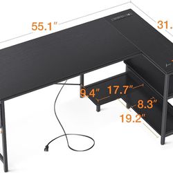 NEW 55” Black L Shaped Computer Desk w/Power Outlets & Reversible Storage Shelves, Workstation, Writing Study Table **7 available, $75 ea FIRM PRICE**