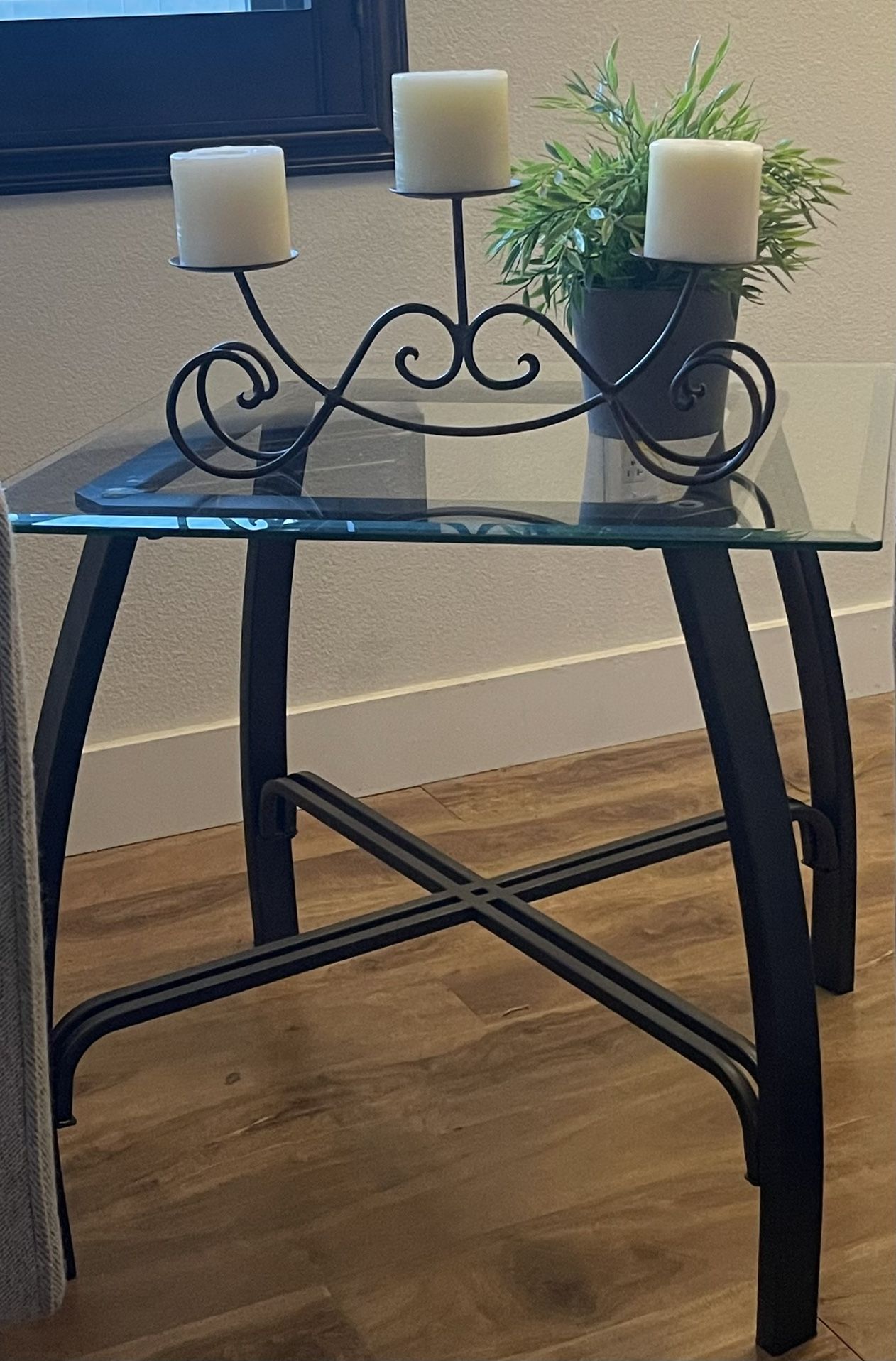 Two Glass And Brown End Tables 