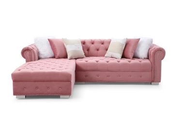 Pink Velvet Tufted Sectional Sofa with Chaise