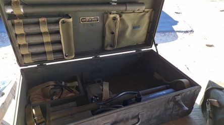 U.S. WWII ARMY SIGNAL CORPS CY/PRS-1 MINE DETECTOR SET TRUNK, DATED 1944 H 9 1/2", W 28", D 15"