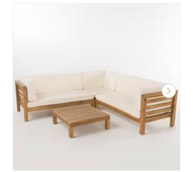 Oana Teak Brown Finish 4-Piece Wood Outdoor Patio Sectional Set with Beige Cushions