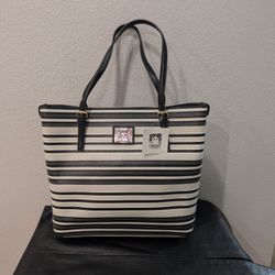 Anne Klein Perfect Tote Large in black and off-white stripes with gold-tone hardware New