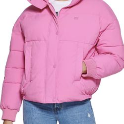 Levi's Women's Cinch Waist Hooded Puffer Jacket Pink Sz XL Brand New