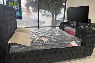 Black Bed frame with Fireplace and heater and TV mount King and Queen sizes