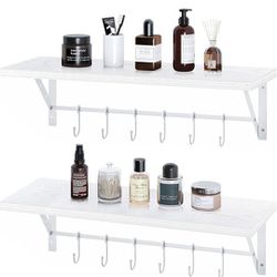 GREENSTELL Floating Shelves Wall Mounted Set of 2, Wall Shelves with 2 Towel Holders & 12 Hooks Thumbnail