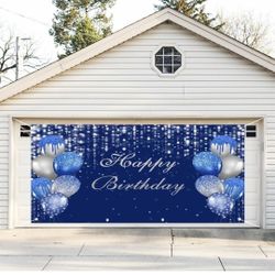 7x16ft Navy Blue Birthday Garage Door Banner Decorations Navy Blue and Silver Happy Birthday Decoration Background Sign Poster Garage Door Cover Backd
