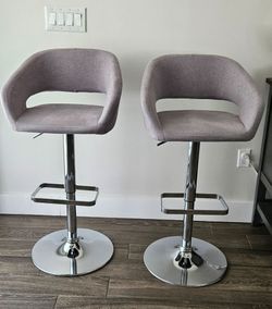 Pair of Modern Gray Fabric Swivel Bar Stools