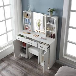 New in the box Large Makeup Desk with Lights, Vanity Table with LED Lighted Mirror 3 Drawers Storage and 3 Large Cabinet, Dressing Table Desk and Chai