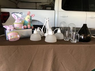 A Variety Of Mixed Items, Chandelier, Vase, Bunny, Rabbits For Easter.