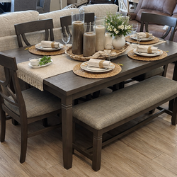 6-Piece Gray Dining Table Set w/ Bench – Seats 6