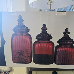 Vintage Set Of 3 Ruby Red Ribbed Glass Apothecary Jars Canisters With Lids