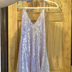Livia Sheer Sequin Plunge Halter Neck A-Line Mini Dress in Lilac