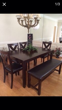 6 PCS DINING SET NEW (4 CHAIRS,1 TABLE & 1 BENCH