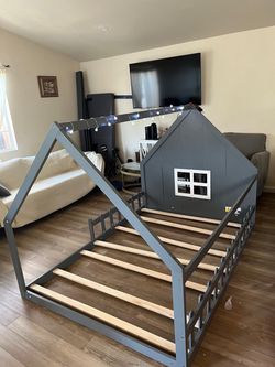Gray Wood House Bed Frame for Kids