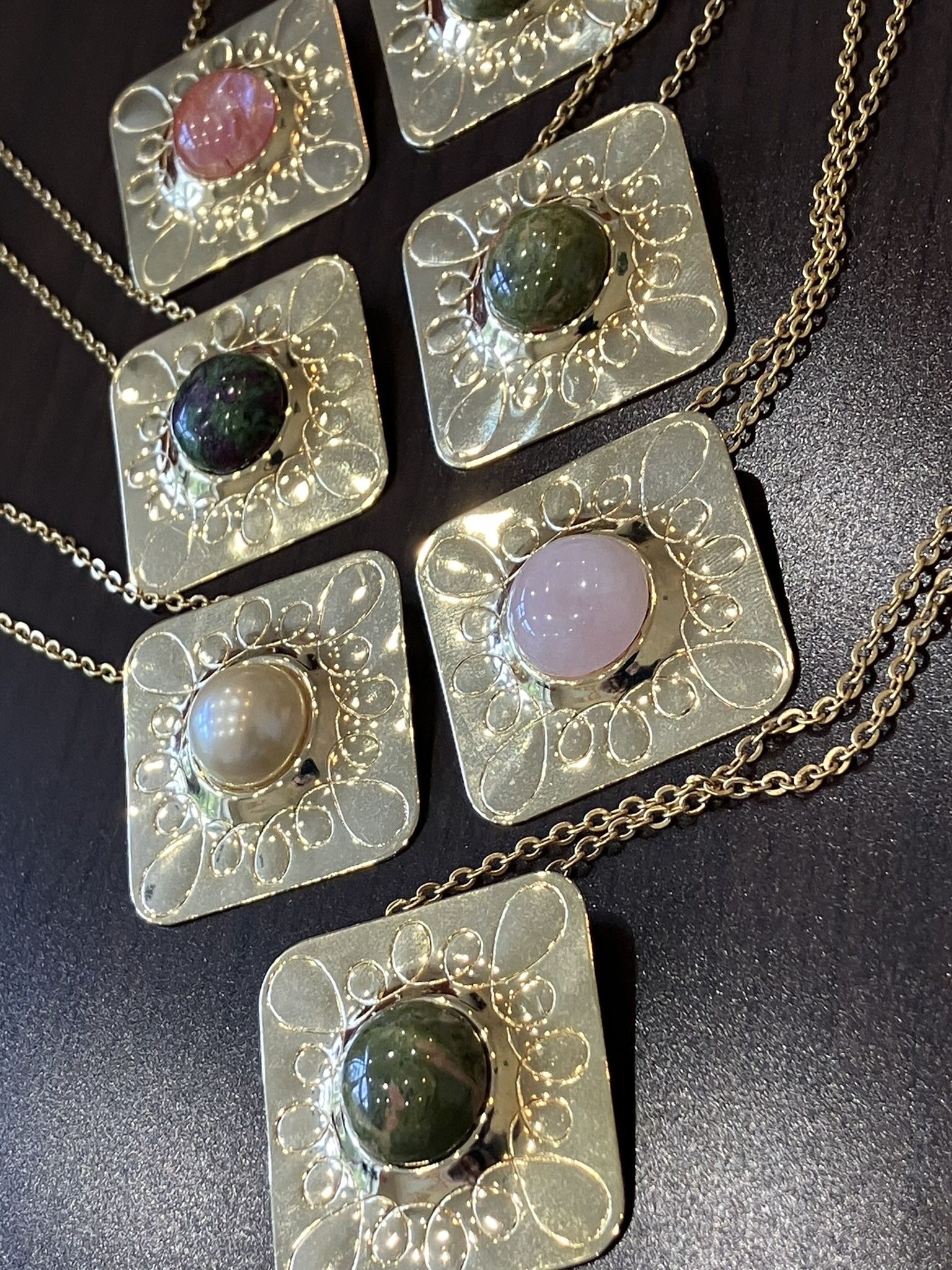 Necklaces, $15 ea.  20” Stainless Steel/Gold plated chain