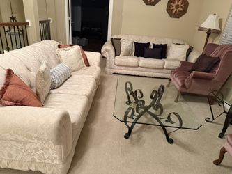 4-Piece Living Room Set – Two Cream Damask Sofas & Glass/Iron Tables