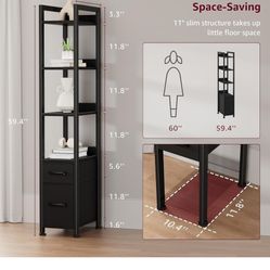 5 Tier Thin Book Shelf With Fabric Storage Drawer 