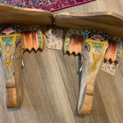 Brand New Pair Of Wooden Elephant Wall Shelves 