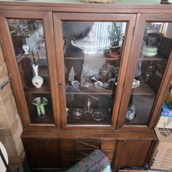 Solid Wood China/Curio Cabinet with 3 Glass Display Doors, 2 Enclosed Storage Cabinets & 3 Drawers