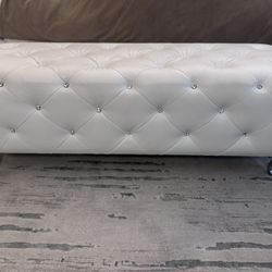 White PU Leather Ottoman With Crystal Tufts